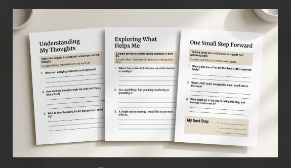 Everyday Resilience worksheet previews featuring self-reflection questions, everyday coping activities, and personal wellbeing exercises.